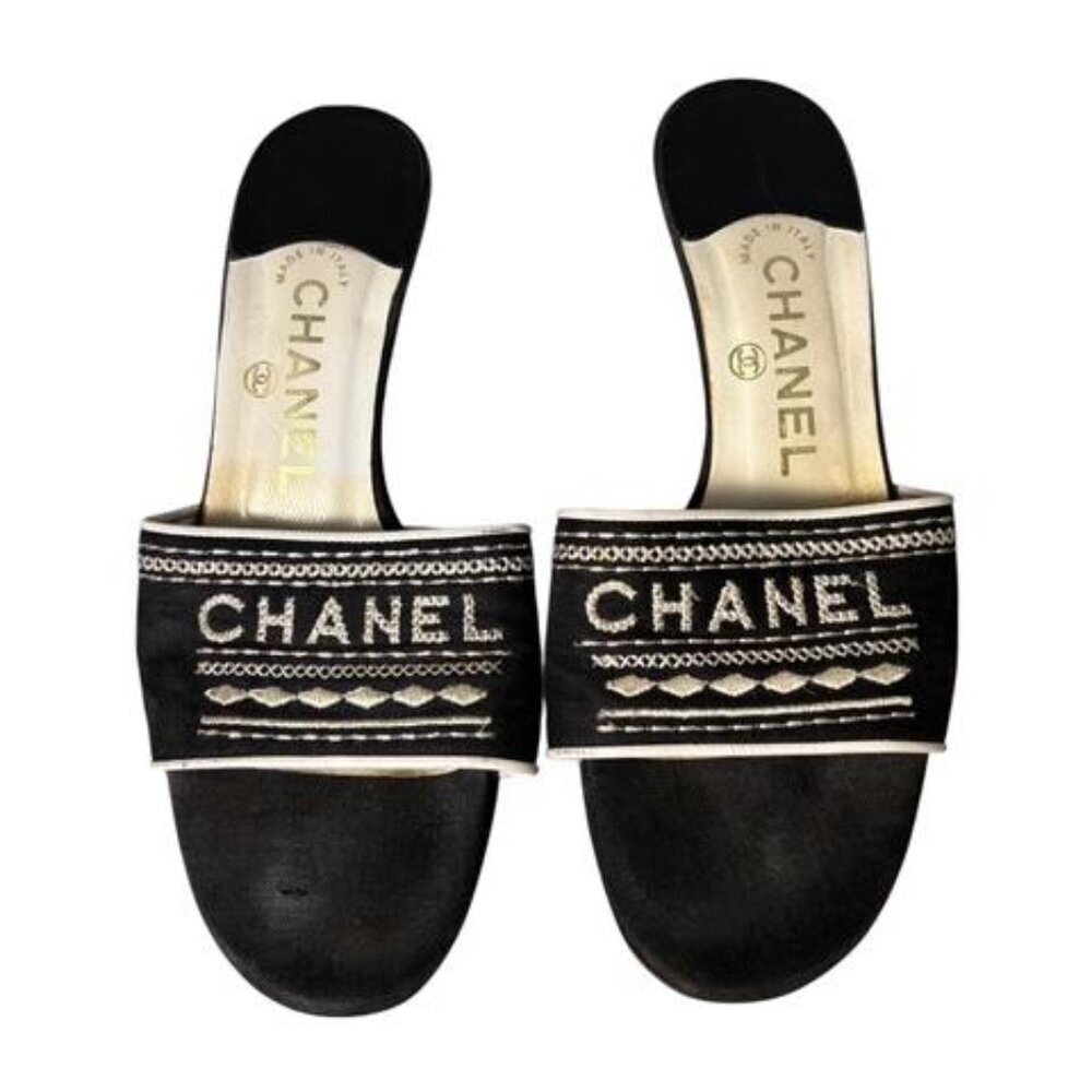 Chanel Vintage Logo Black Embroidered Sandals Mules Kitten Heel